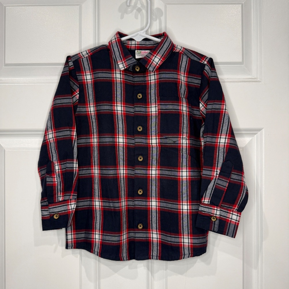 Prenatal Easy‎ Chic Boys Navy Red Plaid Flannel Button Down Shirt Size 3-4Y